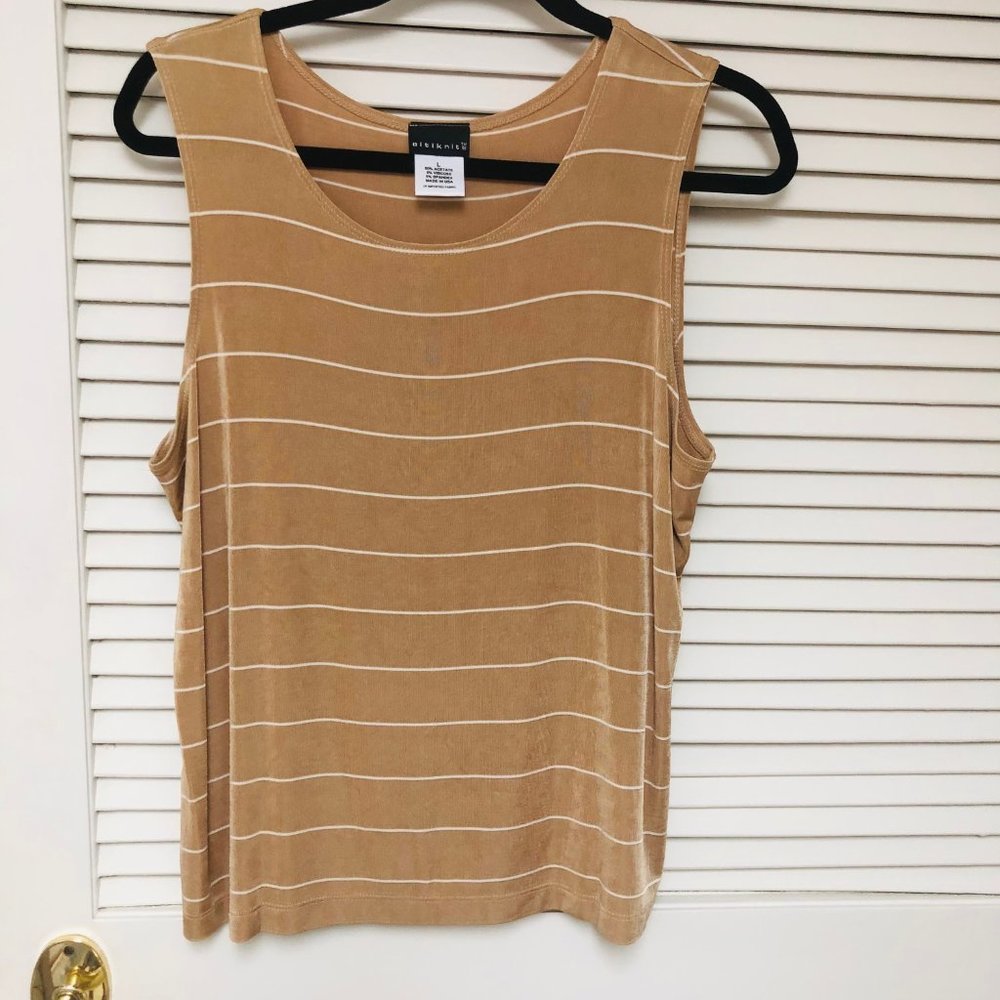CITIKNITS Taupe Tan White Stripe Slinky‎ Travel Knit Tank Top Women's L Retired